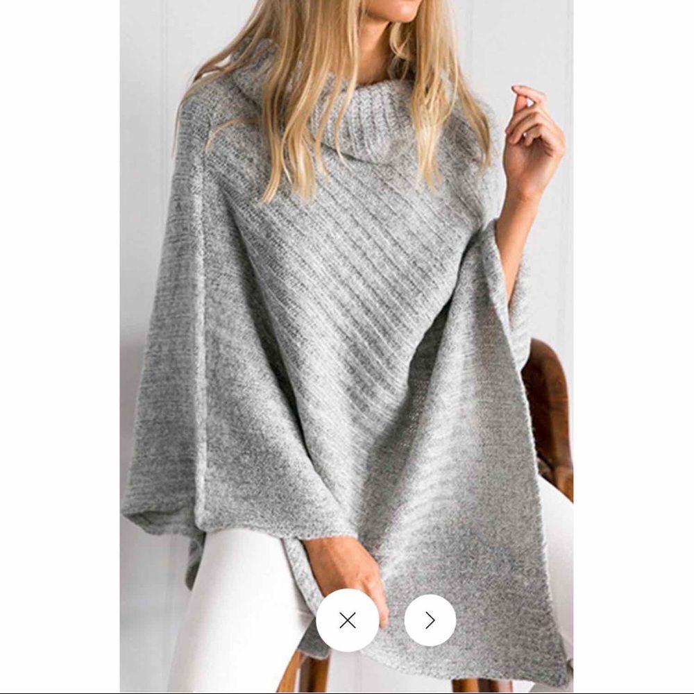 Cupshe Women's Grey Turtle Neck Poncho Cable Knit Sweater Cape Blanket Wrap OS
